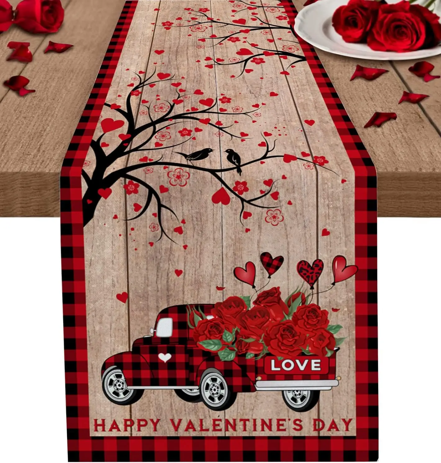 

Valentine's Day Red Truck Roses Buffalo Plaid Linen Table Runners Wedding Decor Farmhouse Dining Table Runners Party Decorations