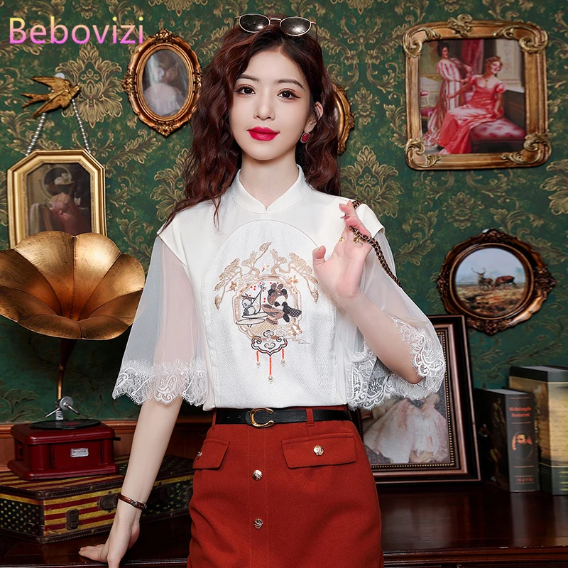 

Chinese Style 2024 Spring New Embroidered Blouse White Mesh Flared Sleeves Fashion Tops Women Clothing