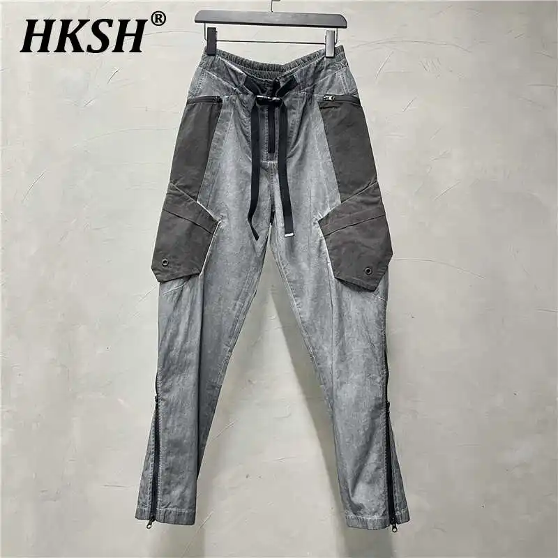 

HKSH Men's Tide Punk Design High Sense Avant-garde Waste Land Vintage Pockets Zipper Dark Cargo Pants Chic Trend Overalls HK0786