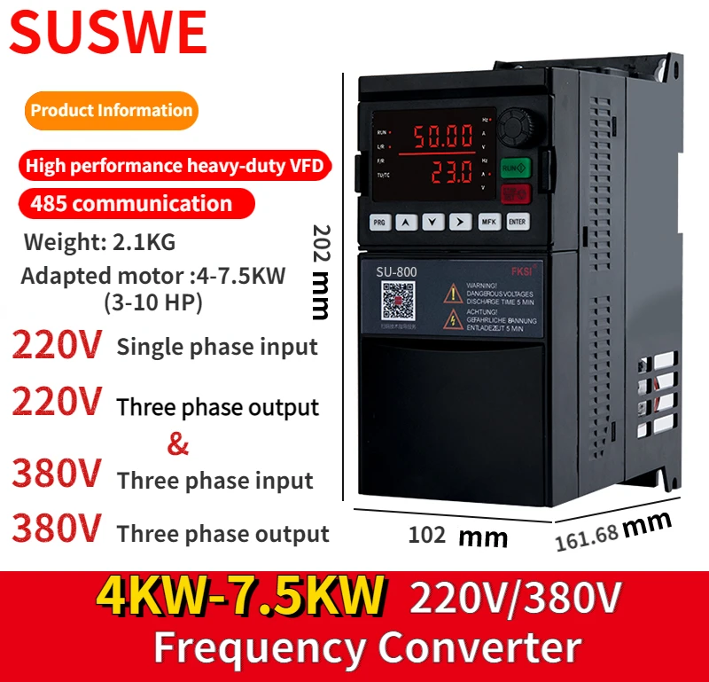 

SUSWE SU800 VFD 4KW/5.5KW/7.5 KW 220V/380V Frequency Converter RS485 Inverter 3 phase output Speed Controller