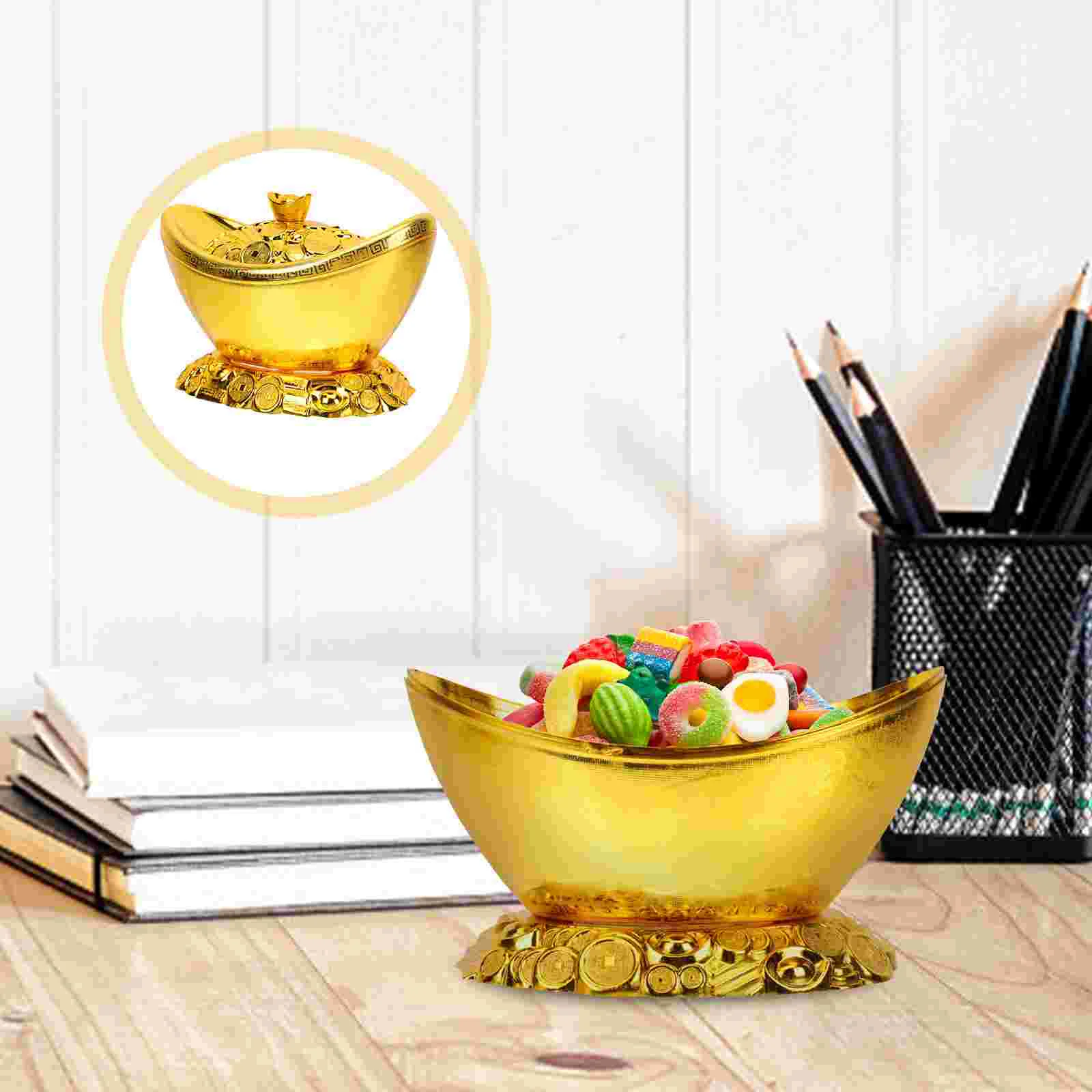 

Office Decor Golden Ingot Chinese Yuan Bao Feng Shui Lucky Money Candy Box Organizer Prosperity Wealth Charm Auspicious