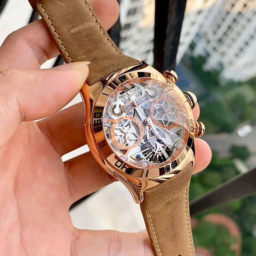 

Reef Tiger Men's Skeleton Automatic Mechanical Wristwatch 50m Waterproof Tourbillon Calendar Week Display Leather Luxury Watch