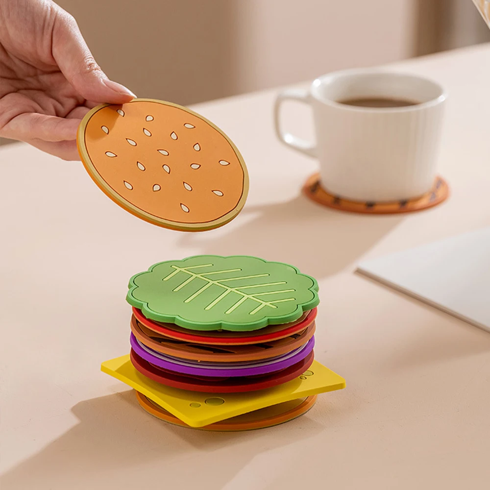 

Cute Cartoon Burger Shape Silicone Dining Table Placemat Coaster Kitchen Accessories Mat Cup Mug Heat-resistant Coffee Drink Pad