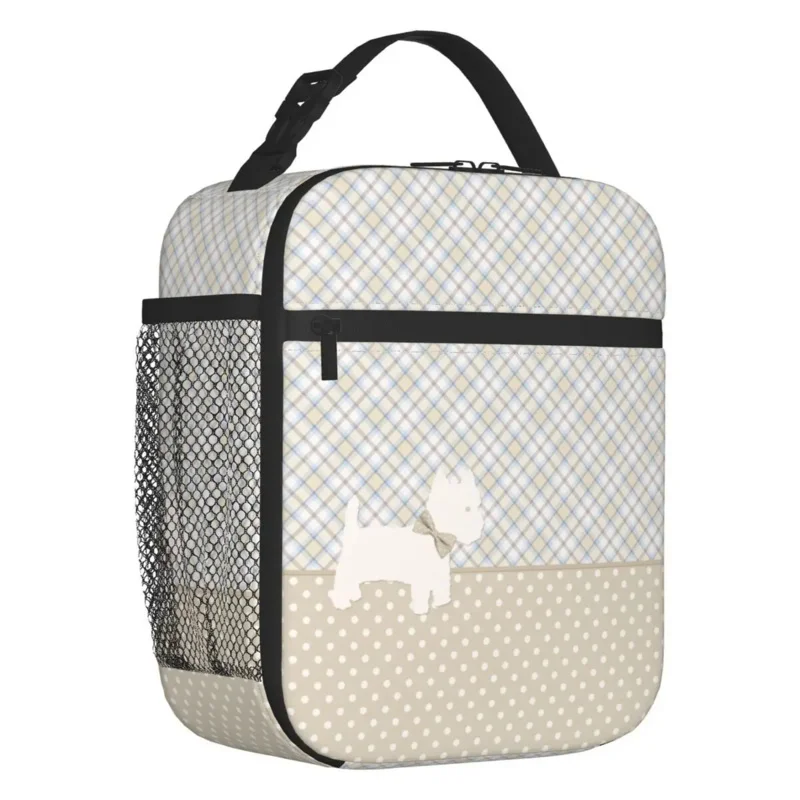 

Cartoon Westie Tartan And Polka Dots Insulated Bags West Highland White Terrier Dog Leakproof Thermal Cooler Lunch Box