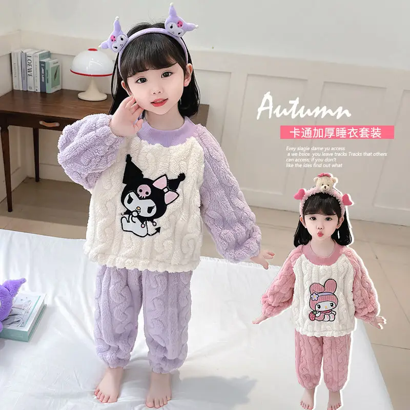 

New Kuromi My melody anime cartoon kawaii style girls coral velvet pajamas winter thickened warm flannel home clothes wholesale