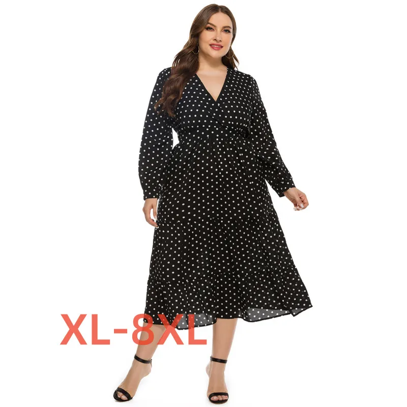 

Plus Size 4xl 5xl 6xl 7xl 8xl New Fashion Loose Fit Large Women's V-neck Long Sleeve Polka Dot Dress