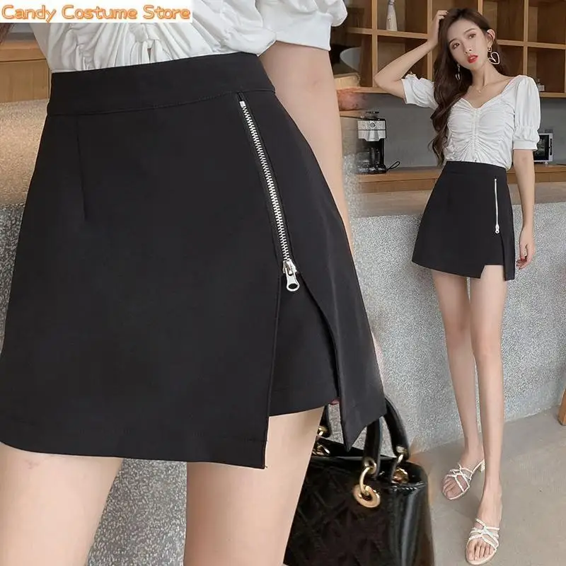 

Women Short Pants Plus Size Zippers Skirt Shorts Summer High Waist Slim Black Shorts Women Autumn Streetwear Slit Short Femme