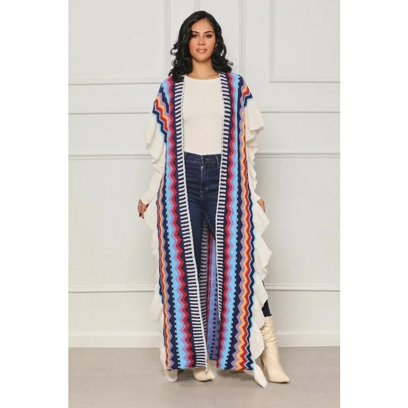 Ruffles Knitted Colorful Striped Long Cardigans Women Fashion Bohemian Half Sleeve Open Stitch Side Split Sweater Shawl Coat
Ruffles Knitted Colorful Striped Long Cardigans Women Fashion Bohemian Half Sleeve Open Stitch Side Split Sweater Shawl Coat