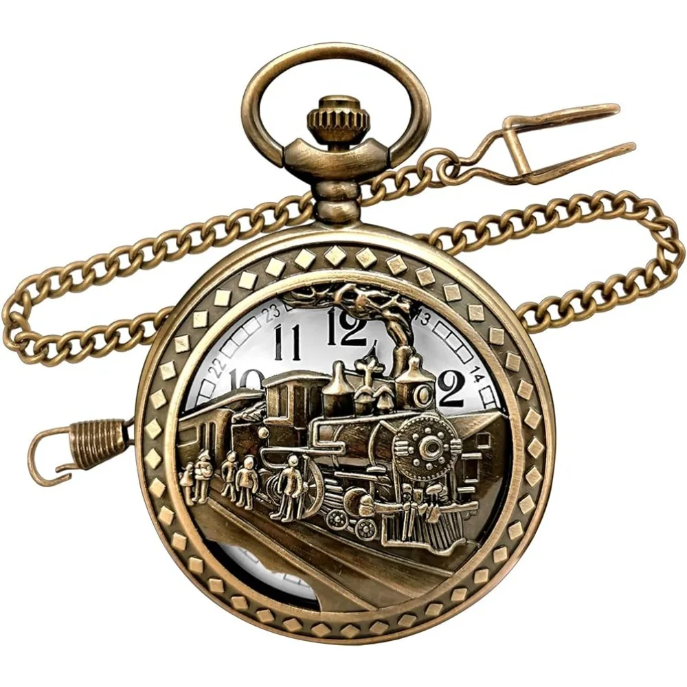 

Mechanical Pocket Watch Luxury Antique Skeleton Quartz Clock Bronze Train Design Steampunk Necklace Chain pocket watch
