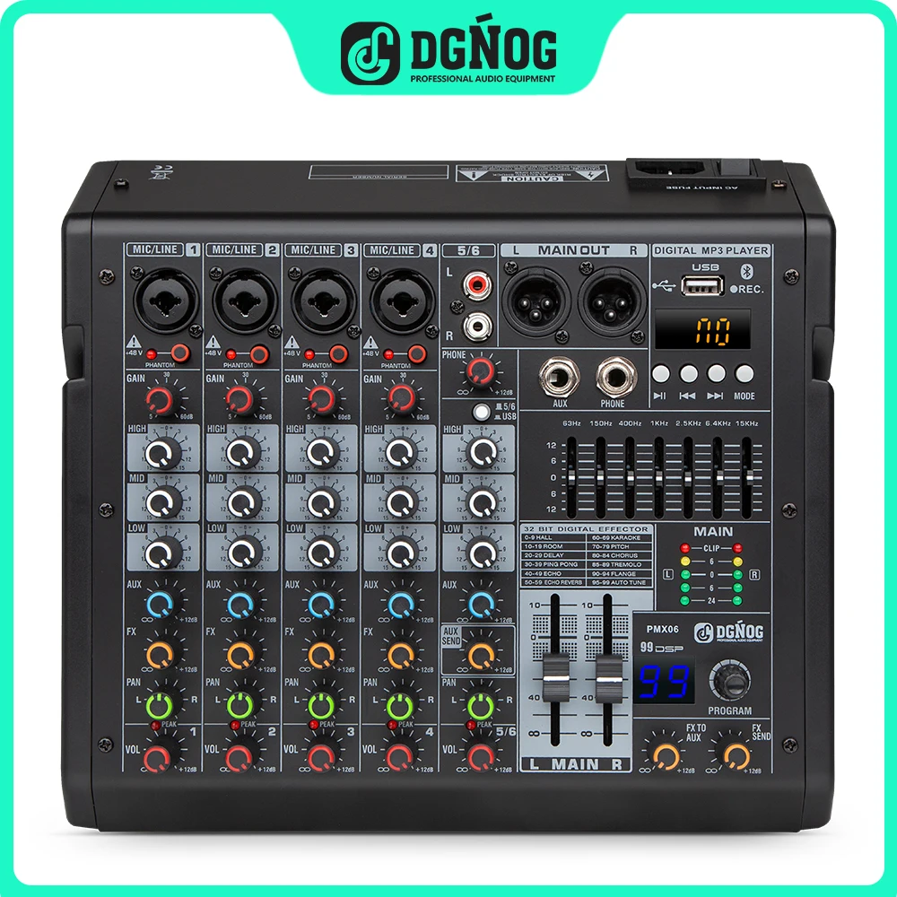 

99 DSP 6-Channel Mixing Console Digital MP3 Input 48V Phantom Power 7-Stage EQ with Bluetooth PC Record DGNOG PMX06