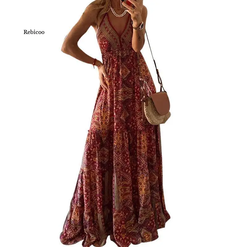 

Женский пляжный сарафан с открытой спиной, винтажное платье на бретелях-спагетти с оборками в стиле бохо на лето
