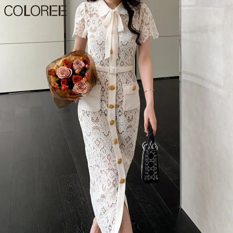 New Arrive White Hollow Out Lace Long Dresses for Women Elegant Bow Gold Buttons Short Sleeve Slim Maxi Summer Dress 2023
New Arrive White Hollow Out Lace Long Dresses for Women Elegant Bow Gold Buttons Short Sleeve Slim Maxi Summer Dress 2023