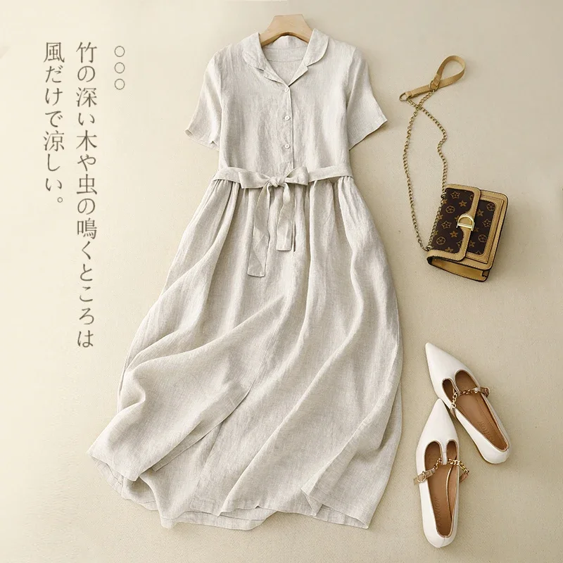 

Limiguyue Summer Women Vintage Literary Cotton and Linen Dress Short Sleeve Casual Breathable A-Line Long Dresses Soft V125