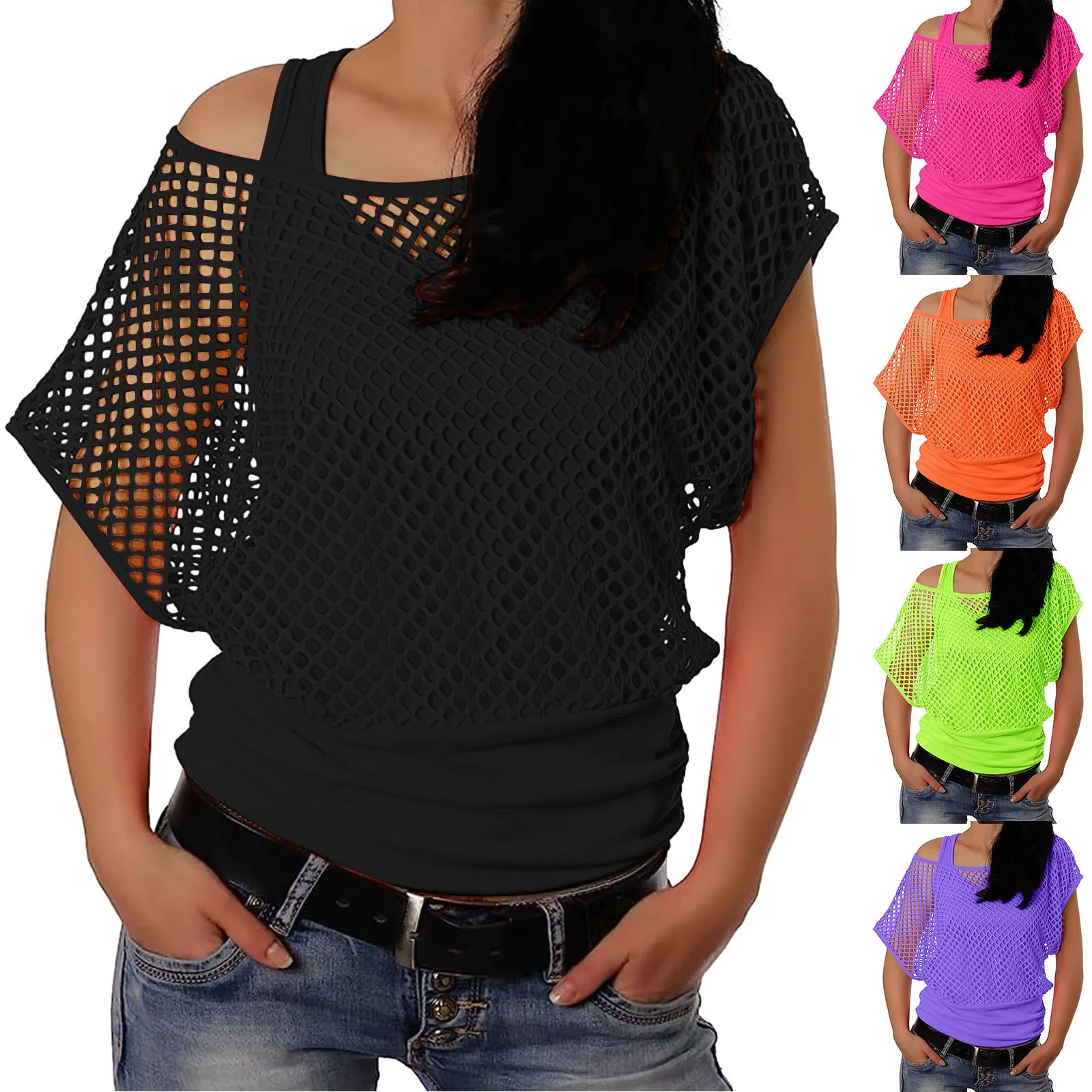 

Women 80s T Shirts Neon Fishnet Mesh Top Off Shoulder Tops For Women Womens Mock Turtleneck Long Sleeve