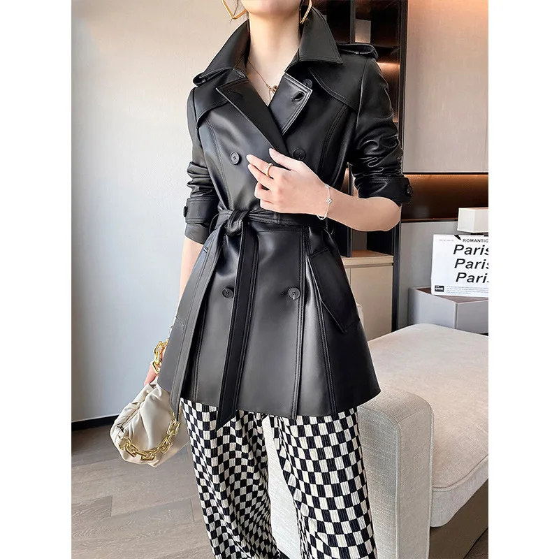 

Genuine Leather Jacket For Women's New Fashionable Waistband Long Sheep Leather Windbreaker Jacket
