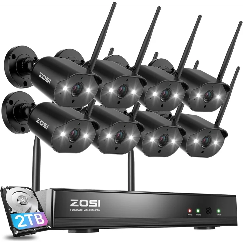

Zosi 8ch 2K wireless security camera system outdoor indoor, 8 x 3MP WiFi IP camera with color night vision, plug-in, Spotlight,