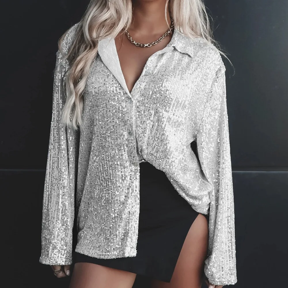 Spring Autumn Sequined Shirts Sexy Hot Girls Solid Color Button Tops Long Sleeve Sequined Cardigans Turn-down Collar Blouses
Spring Autumn Sequined Shirts Sexy Hot Girls Solid Color Button Tops Long Sleeve Sequined Cardigans Turn-down Collar Blouses