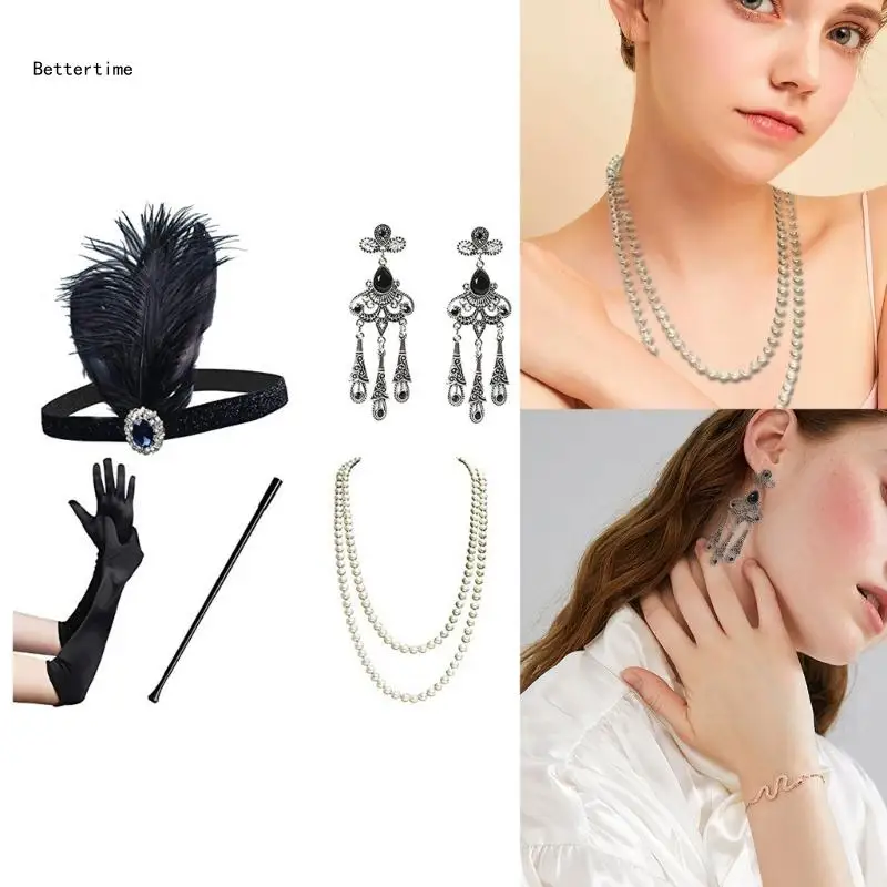 

B36D Punk Medieval Feather Hair Hoop with Cigarette Rod Women Carnivals Etiquettes Glove for Festival Party Performances