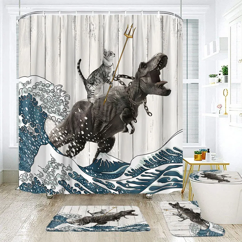 

Funny Shower Curtains Set With Rug Cute Sea Cat Riding Shark Whale Cartoon Animal Creative Kids Bathroom Decor Non-slip Bath Mat