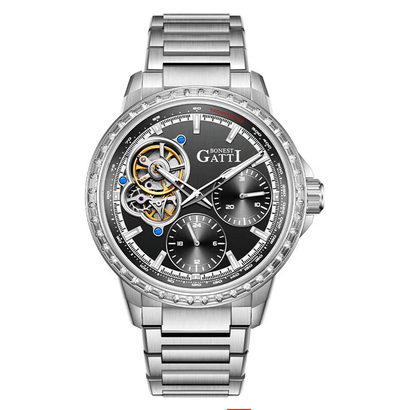 

BONEST GATTI Men Automatic Watch 43mm Luxury Mechanical Wristwatch 50M Waterproof Sapphire Luminous Skeleton Flywheel Dial