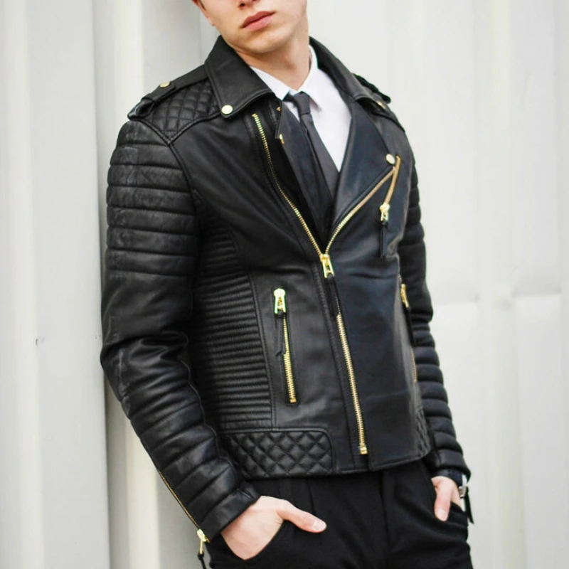 

Men Genuine Lambskin Jacket Quilted Real Leather Motorcycle Slim Fit Biker Coats Fashion Outwear