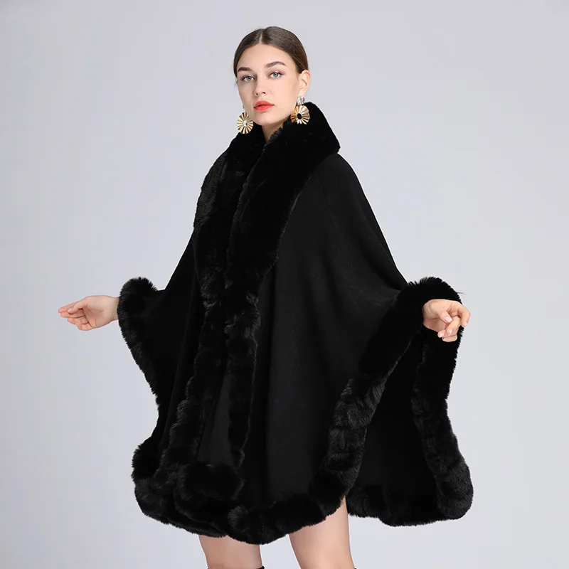 

Women Faux Fur Poncho Cape Cloak Ladies Winter Mink Fur Trim Shawl Wrap Cardigan