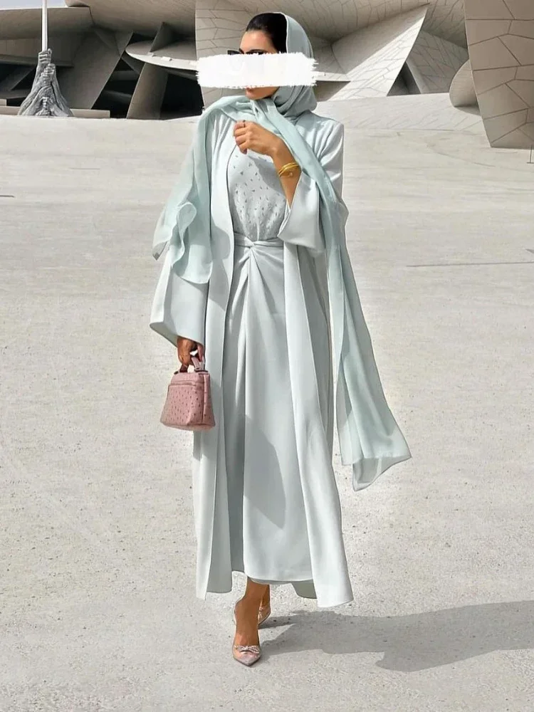 

Eid 3 Piece Abaya Kimono Wrap Front Maxi Skirt Matching Set Women Muslim Hijab Dress Nida Beads Islam Dubai Turkey Outfit Kaftan