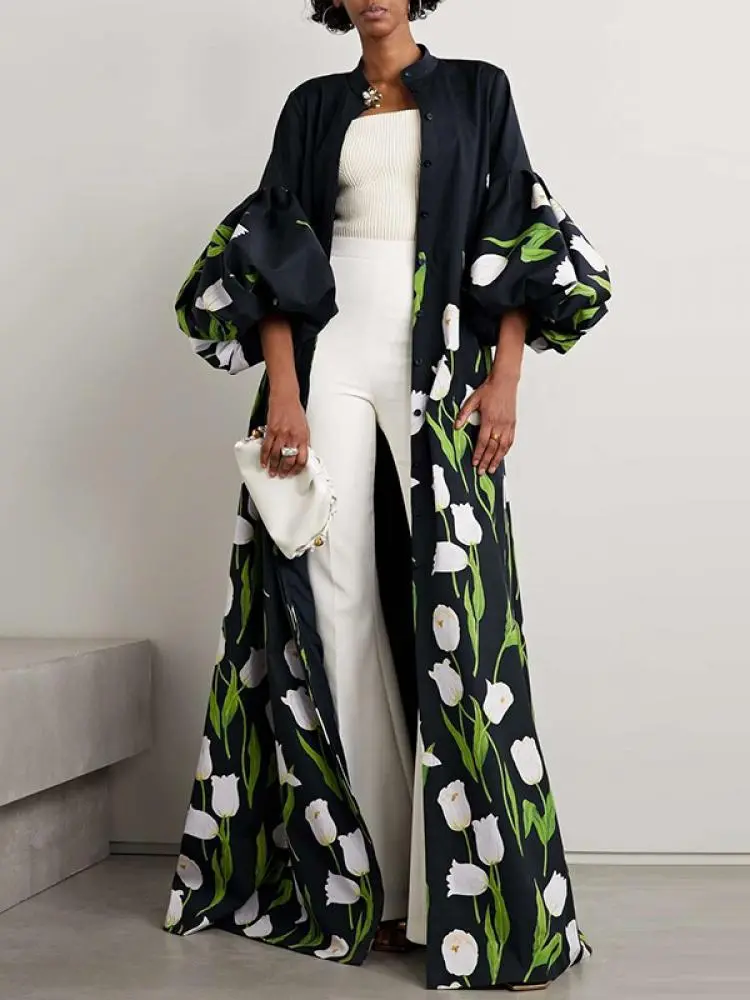 

Женское платье макси Onecozyday 2024 с цветочным принтом и длинная верхняя одежда на пуговицах, плиссированные платья с воротником-стойкой и рукавами-фонариками