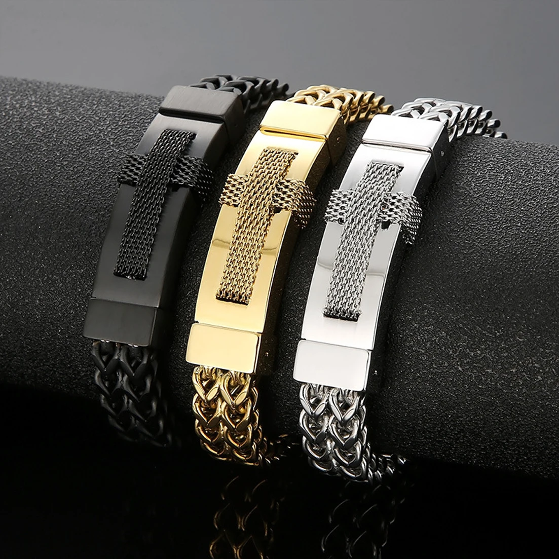 

Granny Chain Silver Tone/ Gold Tone/Black Tone Real Stainless Steel Braided Cross Link Chain Bracelet 12mm*22cm for Men Women