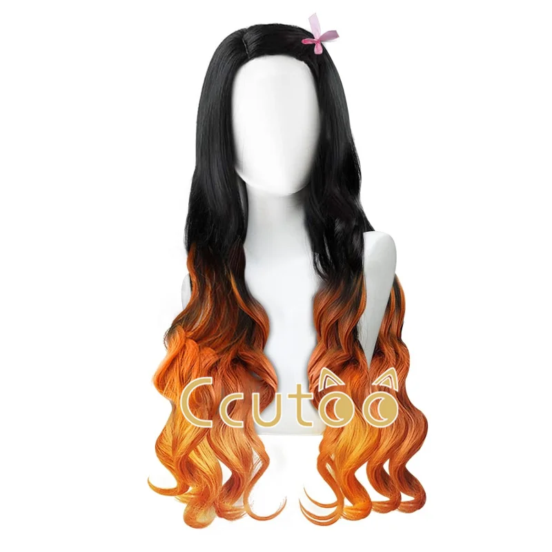 

Nezuko Kamado Cosplay Wig 80cm Long Wavy Synthetic Hair Side Parting Styled Black Orange