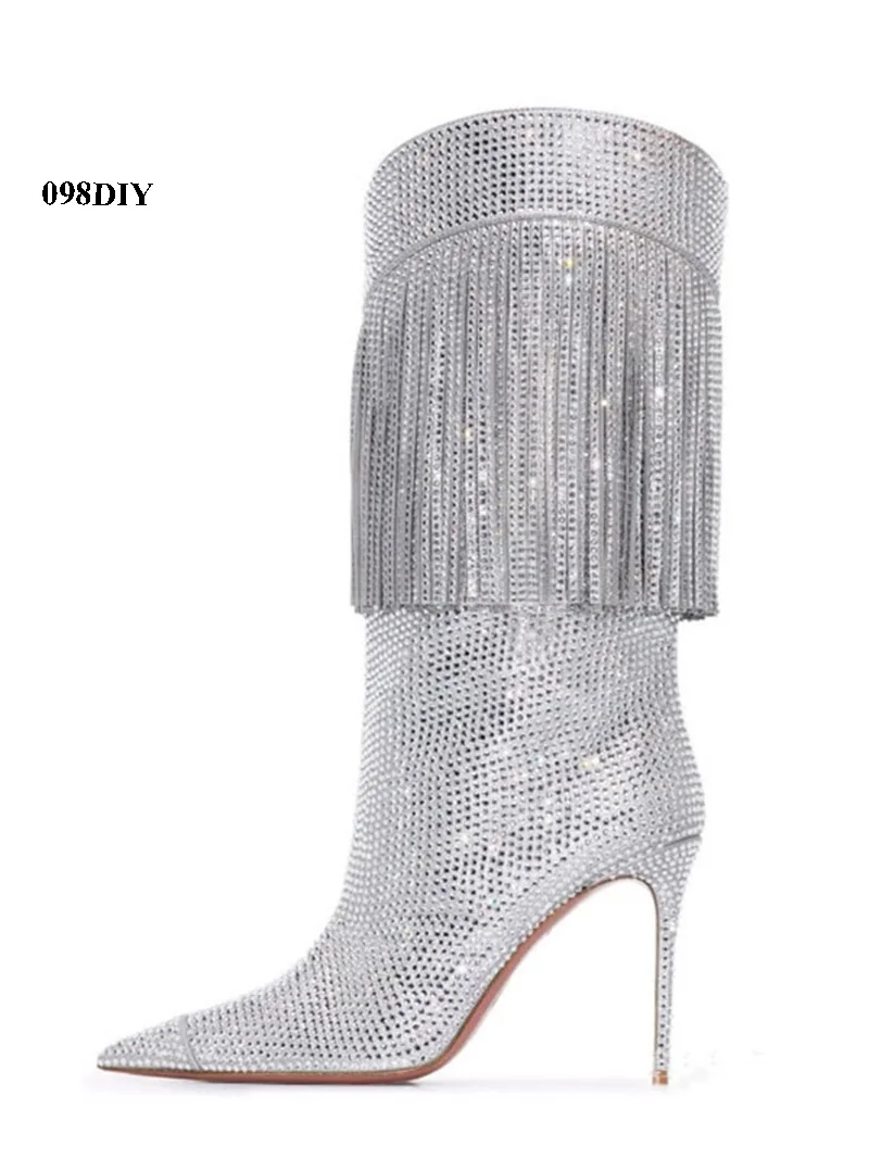 Womens White Crystal Fringed Leather Thin High Heel Boot Women Pointed Toe Stiletto Heeled Autumn Winter Shoes Party
Womens White Crystal Fringed Leather Thin High Heel Boot Women Pointed Toe Stiletto Heeled Autumn Winter Shoes Party