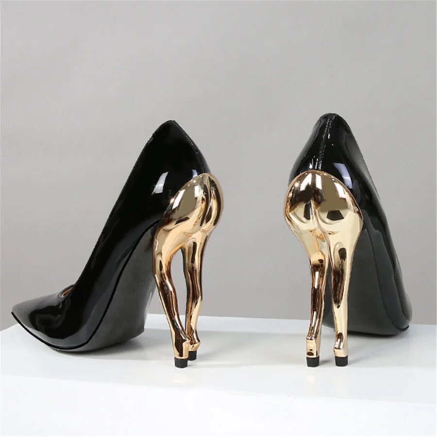 

Deigner Gold Hip High Heels Runway Women Pumps Pointed Toe Strange Heel Dress Shoes Black Patent Leather Ladies Stiletto