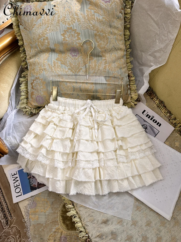 

2024 Summer New Sweet Hot Girl Miniskirt Culottes Lace Multi-Layer Cake Skirts Women High Waist Slimming Elegant Y2k Skirt