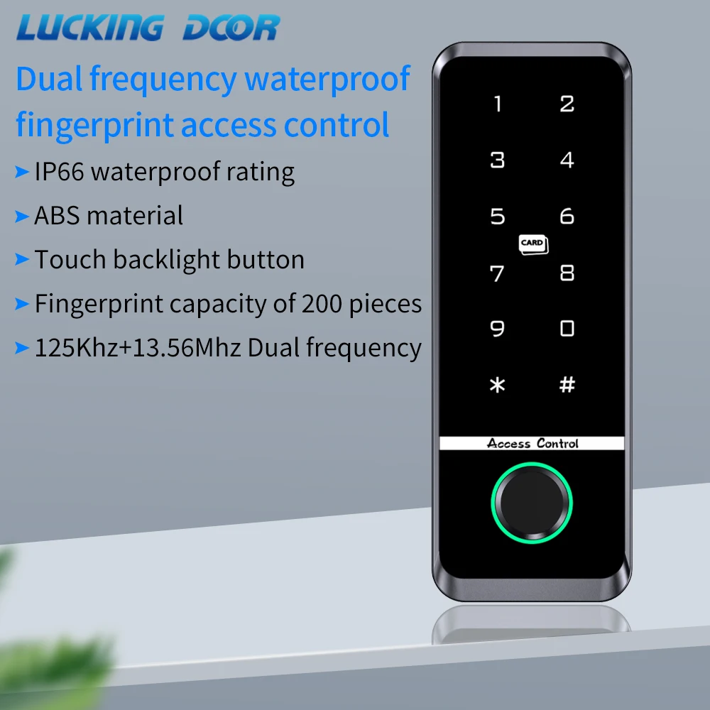 

RFID Access Control Keypad Fingerprint Backlight Touch Waterproof Dual Frequency 125KHz 13.56MHz Card Door Lock Opener WG Output