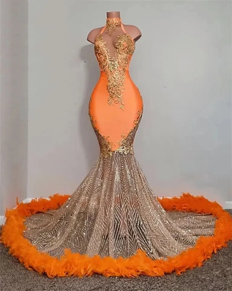 

Женское длинное вечернее платье-русалка, оранжевое платье с блестящими бусинами и перьями, роскошное черное платье с лямкой на шее для выпускного вечера, 2023