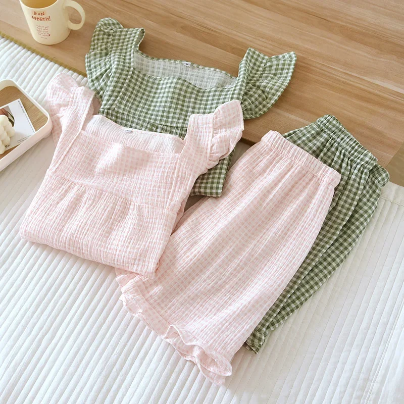 

Comfortable Set Piece Home Women Two Nightwear Pyjamas Pijamas Summer Sleepwear Home Cotton Wear Pure Pajamas Set Plaid