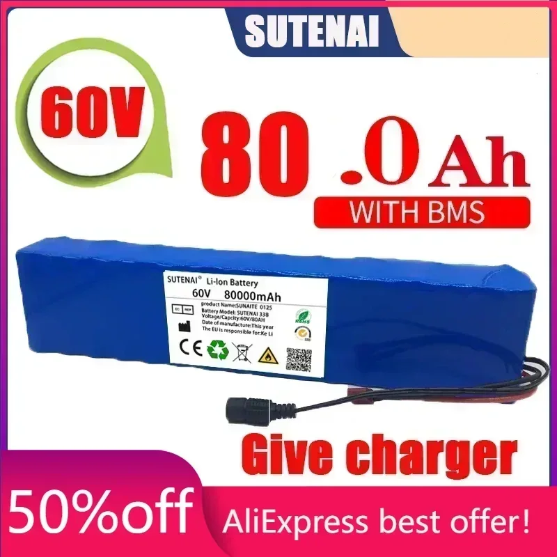 

New Electric Bike 60V 100000mAH100Ah 16S2P 18650 Lithium Ion Battery Pack E-Bike Scooter With BMS + 67.2V Charger