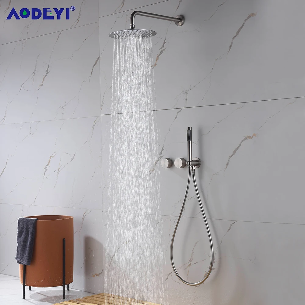 

Bathroom Shower Set System Brushed Nickel Mixer Tap Faucets Hot And Cold Brass Diverter 8-12" Rainfall Head With Handheld Hose