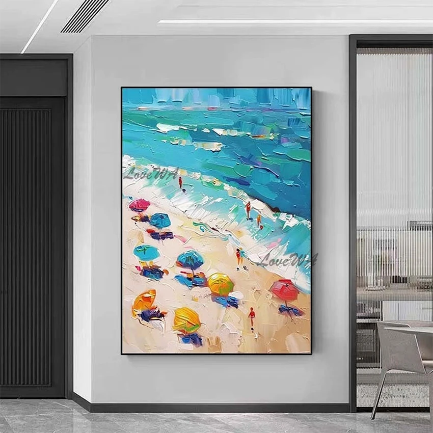 

Abstract Sea Scenery Canvas Art Picture Pure Handmade Oil Painting Wall Artwork Large Size No Framed People Play On The Beach