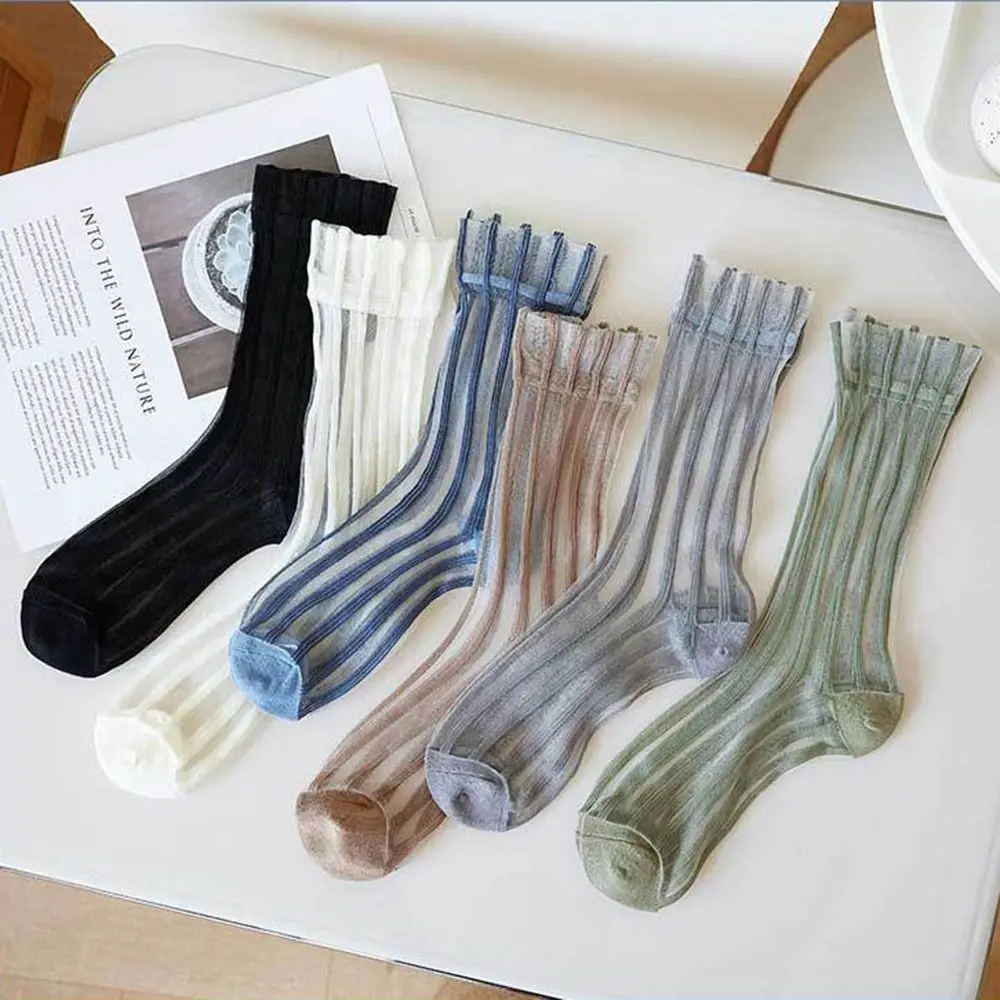 

Ультратонкие милые прозрачные летние сетчатые носки для женщин из стекла и шелка полосатые носки женские Чулочные изделия носки средней длины