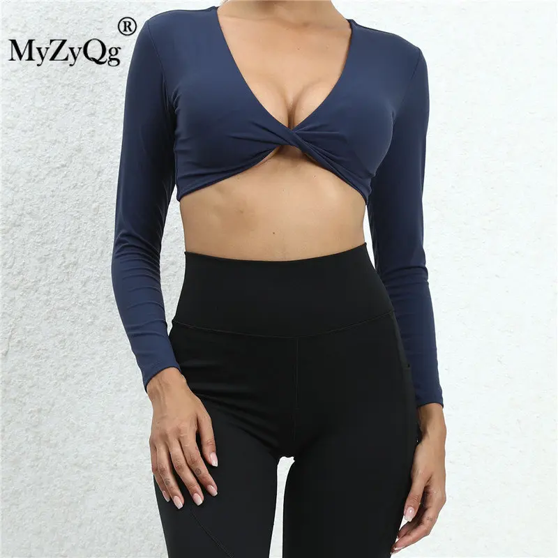 

MyZyQg женские футболки с длинным рукавом с нагрудной подушкой для йоги дышащий спортивный Быстросохнущий кроп-топ для бега тренировок фитнеса