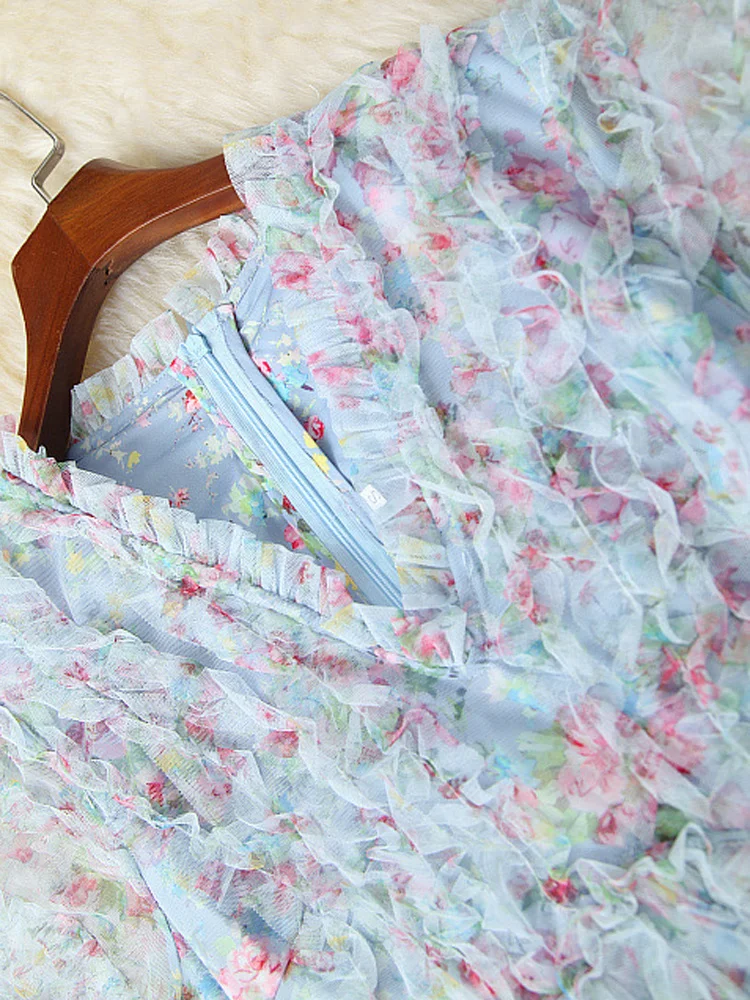 

Роскошное Сетчатое длинное платье макси с оборками и цветочным принтом для женщин 2023 элегантное голубое женское вечернее платье Vestidos летние Новые халаты