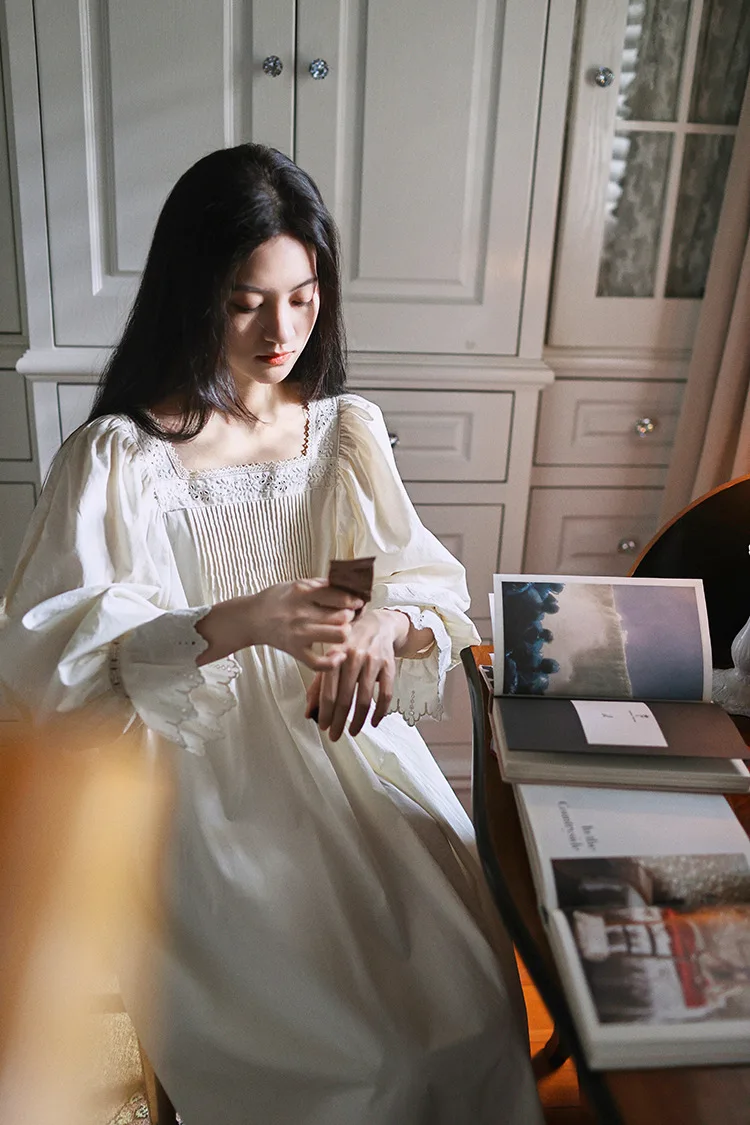 Vintage Soft Cotton Beige Long Nightgowns For Women Long Sleeve Elegant Nightshirts Comfortable Loose Sweet Night Dress 8 Sf99a143e56c746b4a4cd69ed68c846ecX