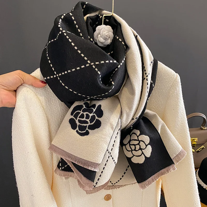 

Geometric Camellia Jacquard Scarf Elegant Imitation Cashmere Fringe Shawl Women's Autumn Winter Versatile Warm Wrap Scarf