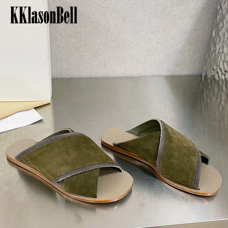11.23 KKlasonBell Women's Fashion Flat Slippers Cross Bead Chains Cow Suede Casual Modern Slippers
11.23 KKlasonBell Women's Fashion Flat Slippers Cross Bead Chains Cow Suede Casual Modern Slippers