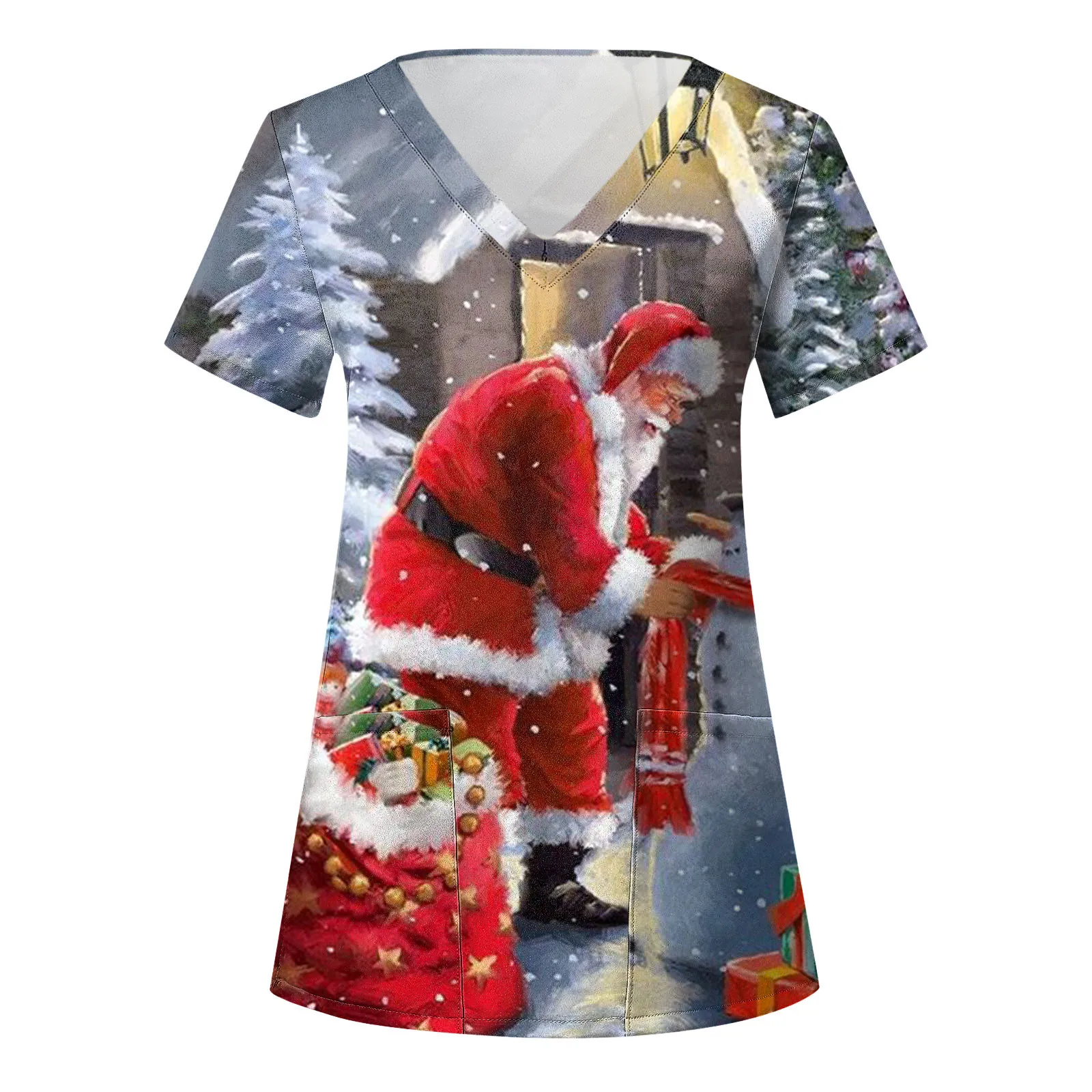 

Рождественские скрабы для кормления, топы, Женская рабочая форма с принтом Санты, блузка с коротким рукавом и V-образным вырезом, Униформа, медсестры
