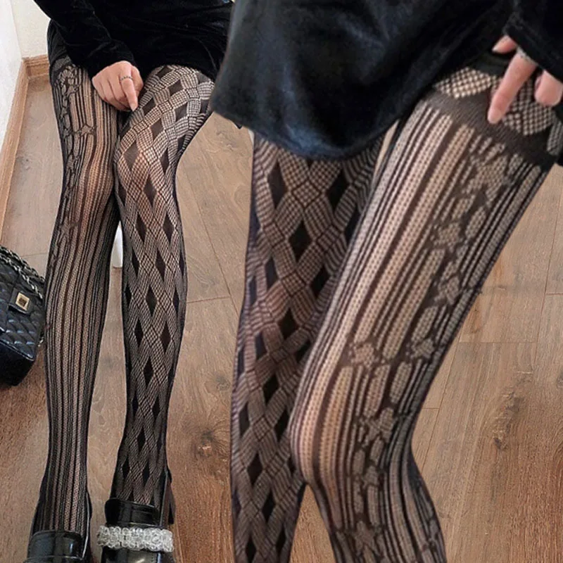 

2024 Grid Diamond Pantyhose Women Sexy Lace Striped Stocking Leggings Lolita Gothic Mesh Tights Classic Pattern Fishnet Hosiery
