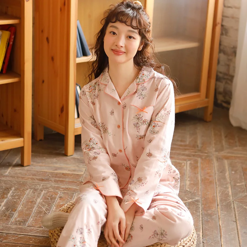 

Sweet Pink 100% Cotton Pajama Sets For Women Sweet Sleepwear Suits Spring Autumn Summer Fashion Female Nightwear Home Pyjamas