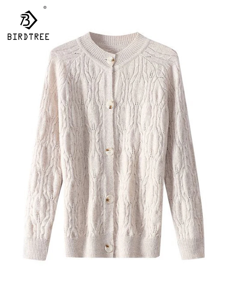 

Birdtree 100% Wool New Autumn/Winter Cardigan Romantic Lazy Gentle Hollow out Twisted Flower Women's Knitted Sweater T39542QC