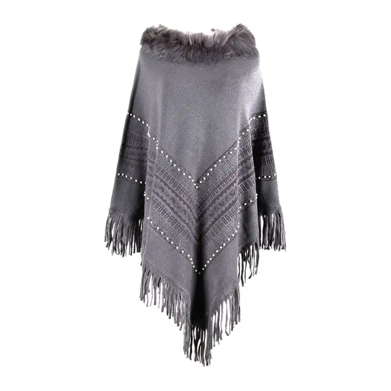 

Womens Plush Collar Knitted Pullover Sweater Top Fringe Tassel Shawl Wrap Batwing Faux Pearl Beading Geometric Striped Cape N7YE